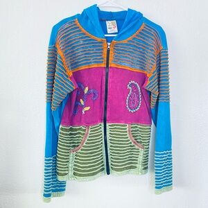 🍓 India Boutique Floral Embroidered Distressed Zip Front Hoodie Jacket Medium